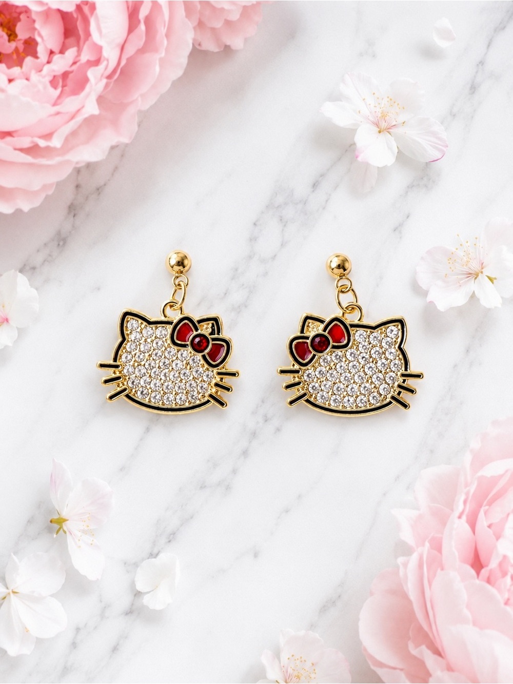 Hello Kitty Rhinestone Dangle Earrings Gold Tone Red Bow Cute Kawaii